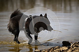 Young female schipperke standing in the water