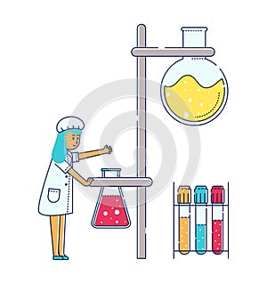 Young female scientist conducting experiment in lab. Cartoon chemist with test tubes and beakers. Scientific research