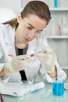 Young female scientist loads samples for dna amplification