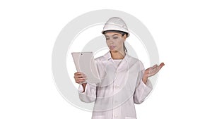 Young Female Scientist Making Video Call With Tablet on white background.