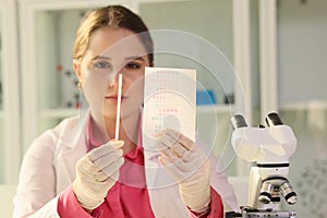 Scientist reviewing results of experiments and looking at paper with samples in research laboratory.