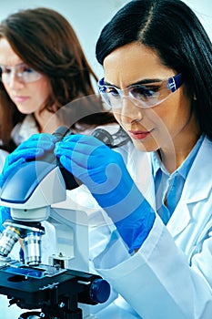 Young female scientist using microscope while her colleague working in background
