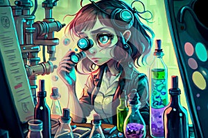 Young female scientist working in a laboratory performing scientific experiment, ai illustration