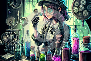 Young female scientist working in a laboratory performing scientific experiment, ai illustration