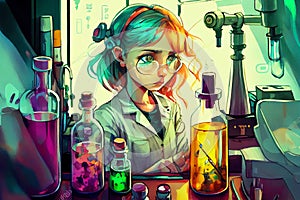 Young female scientist working in a laboratory performing scientific experiment, ai illustration