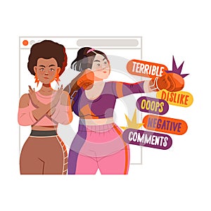 Young Female Showing Stop Sign to Cyberbullying Knocking out Negative Comments from Social Media Vector Illustration