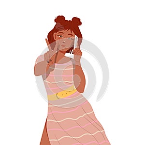 Young Female Showing V Sign with Her Hands as Positive Peace Gesture Feeling Happiness and Excitement Vector