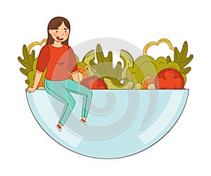 Young Female Sitting on Huge Bowl with Fresh Vegetable Salad Vector Illustration