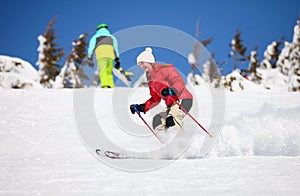 Young female skier on a snowy slope