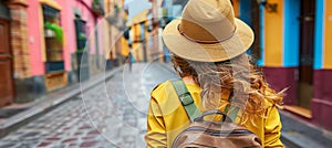 Young female solo traveler sightseeing in spain s historic old town streets on a memorable vacation photo