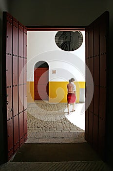 Young female Spanish tour guide in bullring in Seville Spain