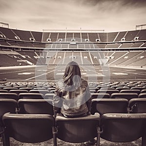 Young female spectator enjoying a view of an empty sports stadium