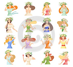 Young Female with Splendid Hair Having Floral Wreath on Her Head Big Vector Set