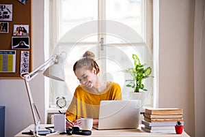 A young female student sitting at the table, studying.