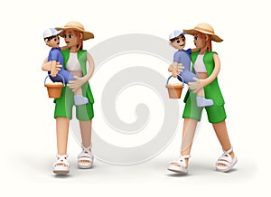 Young female in summer clothes holding son and walking, model in different positions