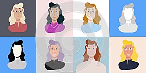 Young female teacher face with curly hair. Colored pack of various sets and silhouette. Avatar. Vector Flat Illustration