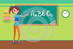 Teacher Writing Alphabet on Chalkboard Vector