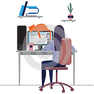 Young female or teenage girl character works on a computer at home. Workaholic. Freelance. study online. Flat design vector eps10