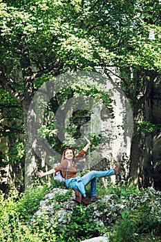 Young female tourist hiking at the Plavecky castle