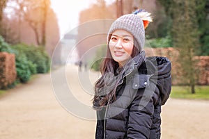 Young female tourist in Sans Souci palace in Potsdam, Berlin, Germany, Europe