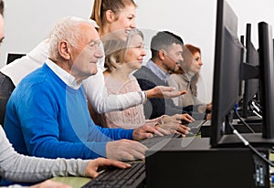 Young female tutor explaining how to use computers