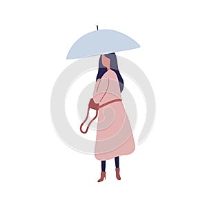 Young female with umbrella flat vector illustration. Autumn season, rainy day, stroll under rain. Woman wearing raincoat