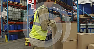 Young female worker using barcode scanner in a warehouse