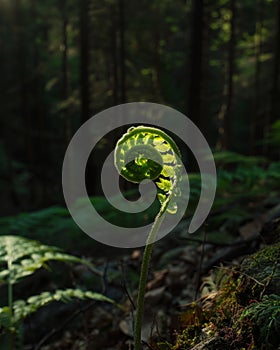 Young fern unfurling in a sunlit forest