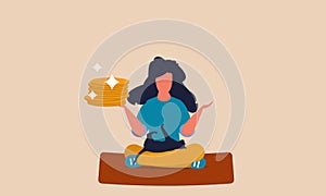 Young financial woman with income money and relax. Worker yoga monetization and meditation investing vector illustration concept.