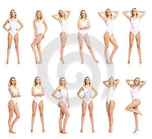 Young, fit and beautiful blond woman in white swimsuit isolated on white background - set collection. Healthcare, diet