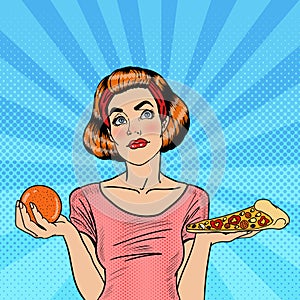 Young Fit Pop Art Woman Choosing Between Healthy and Unhealthy Food - Orange and Pizza