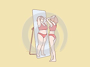 Young fit slim woman looking at fat girl in mirror reflection simple korean style illustration