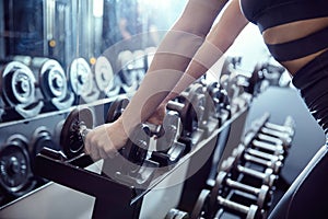 Young fit woman chooses dumbbells