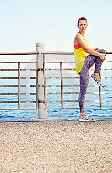 Young fit woman looking aside and stretching at embankment