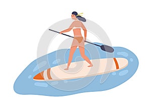 Young fit woman standing on sup board with paddle. Female character in swimwear on surfboard. Scene of summer vacation