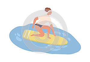 Young fit woman in swimwear catch wave on surfboard. Female surfer standing on board. Scene of summer vacation or