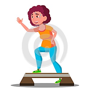 Young Fitness Woman Doing Exercises On Stepper Vector. Isolated Illustration