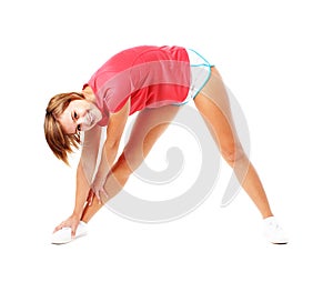 Young Fitness Woman in Red Shirt Stretching, Isola