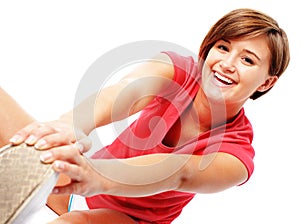 Young Fitness Woman in Red Shirt Stretching, Isola