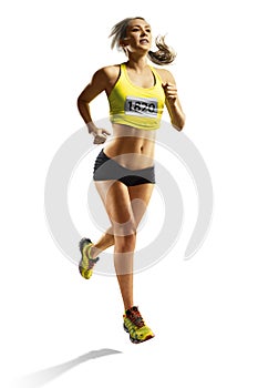 Young fitness woman runner isolated at white