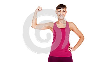 Young fitness woman showing musculs arms. Isolated over white ba