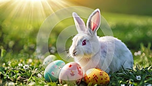 Young fluffy white rabbit with decorated eggs in spring grass. Cute Easter Bunny. Concept of Easter, new beginnings