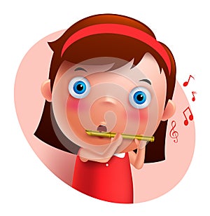 Young flutist vector character playing and holding flute isolated in white photo