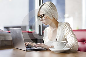 Young focused woman working with laptop computer in cafe