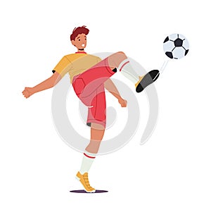 Young Football Player Character In Team Uniform Kick Ball, Sportsman During Soccer Competition, League, Tournament