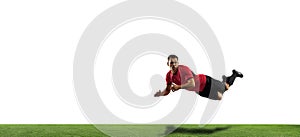 Young football, soccer player of team in action, motion isolated on white background. Concept of sport, movement, energy