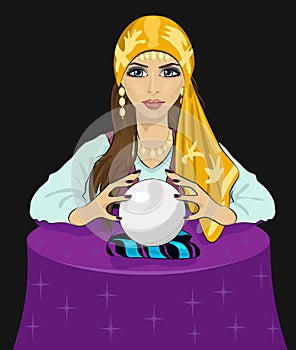 Young fortune teller woman reading future on magical crystal ball