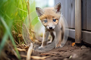 young fox kit exploring outside den