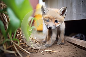 young fox kit exploring outside den