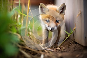 young fox kit exploring outside den
